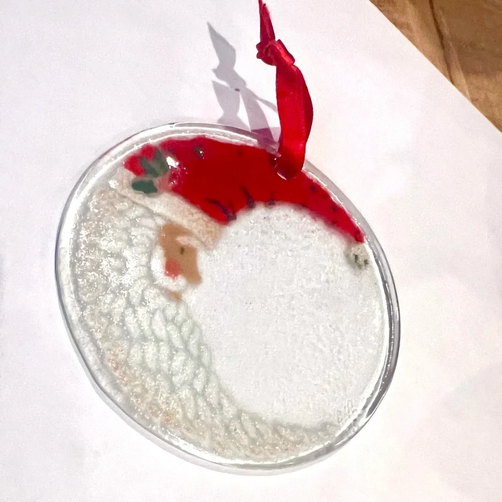 Santa Claus Glass Ornament with Red Ribbon